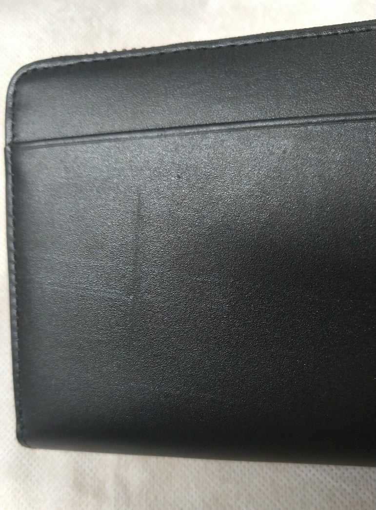 【訳アリ品】海外製／木目調／牛革／レザー／長財布／ラウンド財布／ファスナーなめらか／箱入り／ブラック／黒色／154040