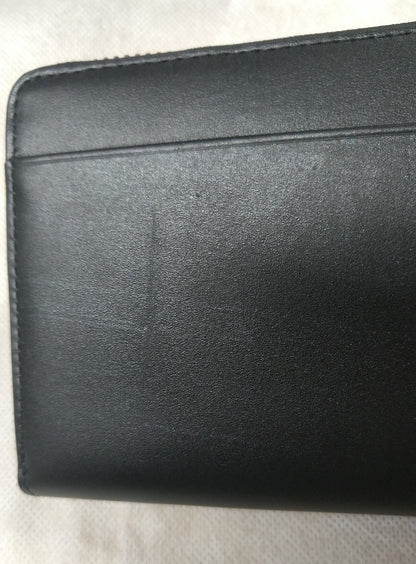【訳アリ品】海外製／木目調／牛革／レザー／長財布／ラウンド財布／ファスナーなめらか／箱入り／ブラック／黒色／154040