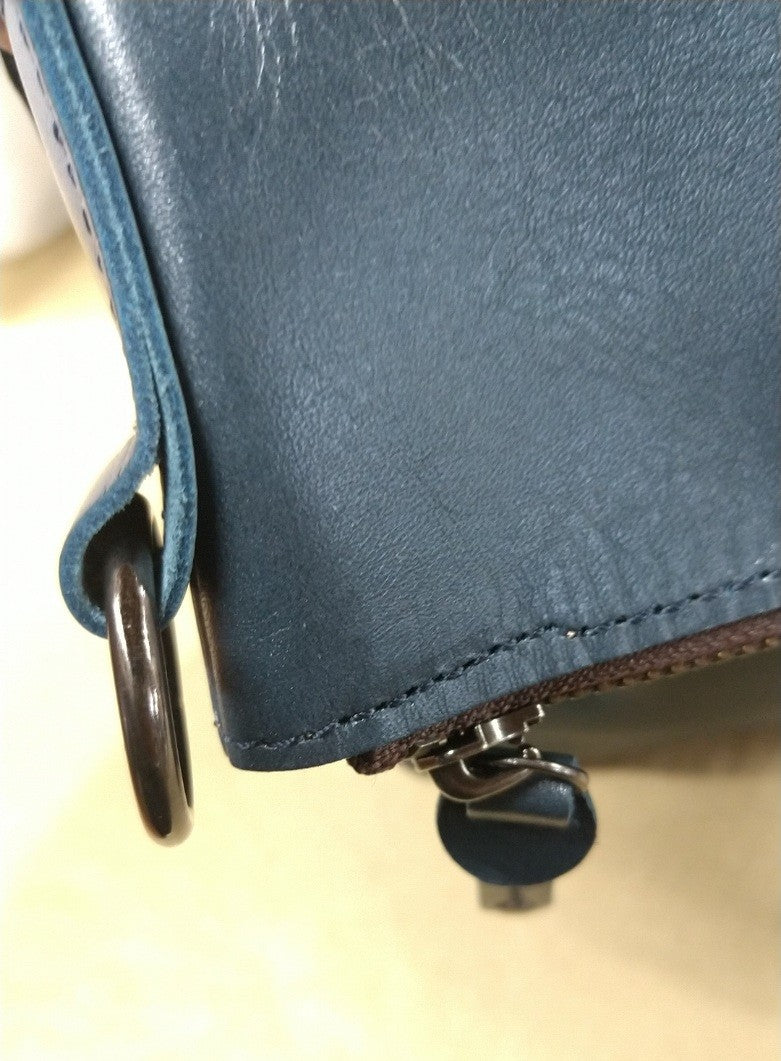 【訳アリ品】日本製／牛革／口折れショルダー／男女兼用／使いやすい／天ファスナー／A4対応可／ネイビー／紺色／557102【リニューアル型】