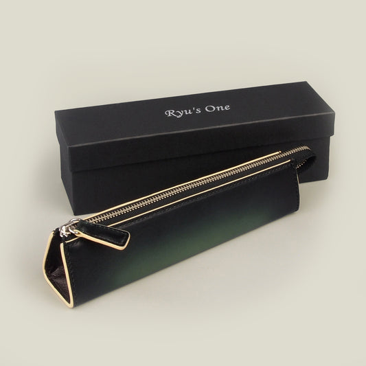 【訳アリ品】海外製／ペンケース／牛革／レザー／ペン少なめ／ギフト／箱入り／グリーン／緑色／RYU'S ONE／GG／154013