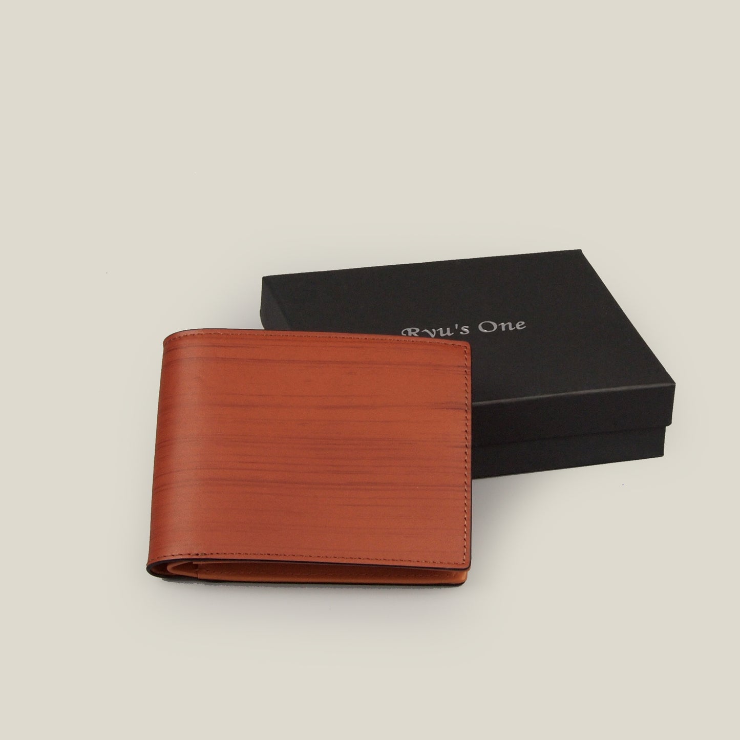 海外製／木目調／牛革／レザー／二つ折財布／小銭BOX式／箱入り／154039／RYU'S ONE／WD